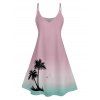 Ombre Palm Tree Print Hawaii Vacation Spaghetti Strap V Neck A Pendulum Mini Dress And Short Sleeve Shirt Matching Outfit - Rose clair S | US 4