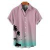 Ombre Palm Tree Print Hawaii Vacation Spaghetti Strap V Neck A Pendulum Mini Dress And Short Sleeve Shirt Matching Outfit - Rose clair S | US 4