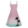 Ombre Palm Tree Print Hawaii Vacation Spaghetti Strap V Neck A Pendulum Mini Dress And Short Sleeve Shirt Matching Outfit - Rose clair S | US 4