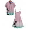 Ombre Palm Tree Print Hawaii Vacation Spaghetti Strap V Neck A Pendulum Mini Dress And Short Sleeve Shirt Matching Outfit - Rose clair S | US 4