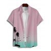 Ombre Palm Tree Print Hawaii Vacation Spaghetti Strap V Neck A Pendulum Mini Dress And Short Sleeve Shirt Matching Outfit - Rose clair S | US 4