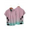 Ombre Palm Tree Print Hawaii Vacation Spaghetti Strap V Neck A Pendulum Mini Dress And Short Sleeve Shirt Matching Outfit - Rose clair S | US 4