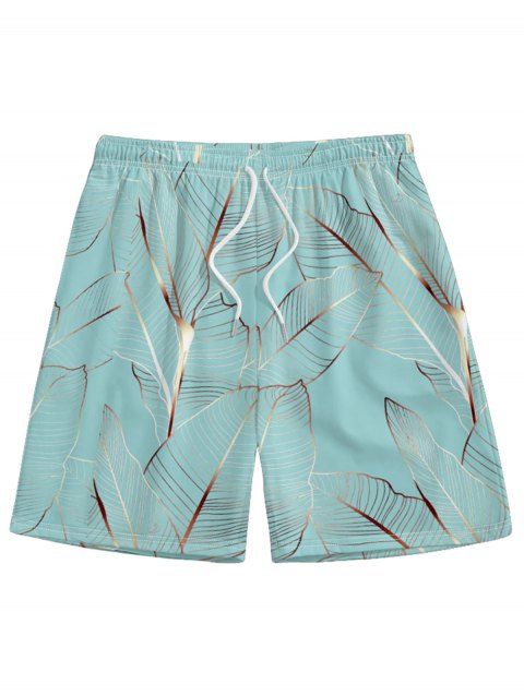 Short de Plage de Vacances Motif de Feuille Tropicale à Cordon