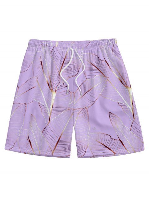 Short de Plage de Vacances Motif de Feuille Tropicale à Cordon