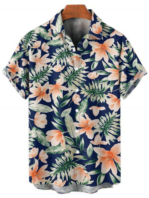 Chemise de Plage Motif de Feuille Florale Boutonnée à Manches Roulées pour Homme