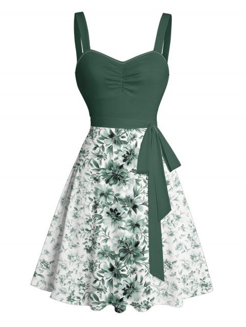 Mini Robe Ligne A Ceinturée Fleur Imprimée sans Manches à Volants