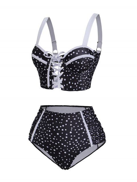Maillot de Bain Tankini Vintage à Taille Haute à Pois à Lacets à Armature
