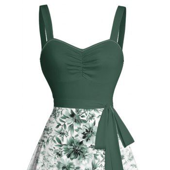 Flower Print Belted Mini Dress Ruched Bust Sleeveless A Line Vacation Dress
