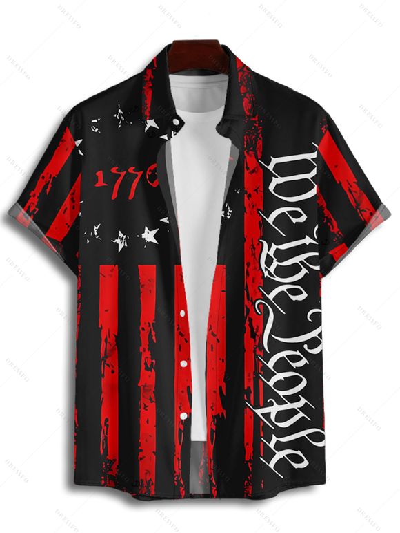 Chemise à Lettre et Drapeau Américain à Manches Roulées - Noir 2XL