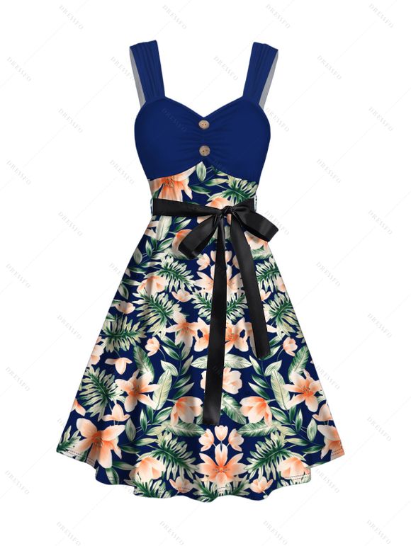 Vacation Couple Outfit Tropical Floral Leaf Pattern Mock Button Empire Waist Ruched Bust Belt Dress and Roll Up Sleeve Shirt Beach Matching Outfit - Bleu profond S | US 4