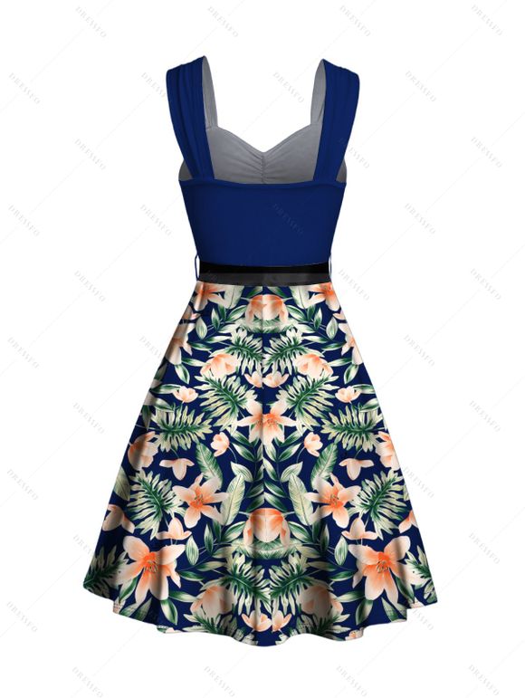 Vacation Couple Outfit Tropical Floral Leaf Pattern Mock Button Empire Waist Ruched Bust Belt Dress and Roll Up Sleeve Shirt Beach Matching Outfit - Bleu profond S | US 4