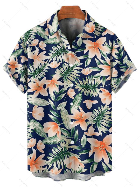 Vacation Couple Outfit Tropical Floral Leaf Pattern Mock Button Empire Waist Ruched Bust Belt Dress and Roll Up Sleeve Shirt Beach Matching Outfit - Bleu profond S | US 4