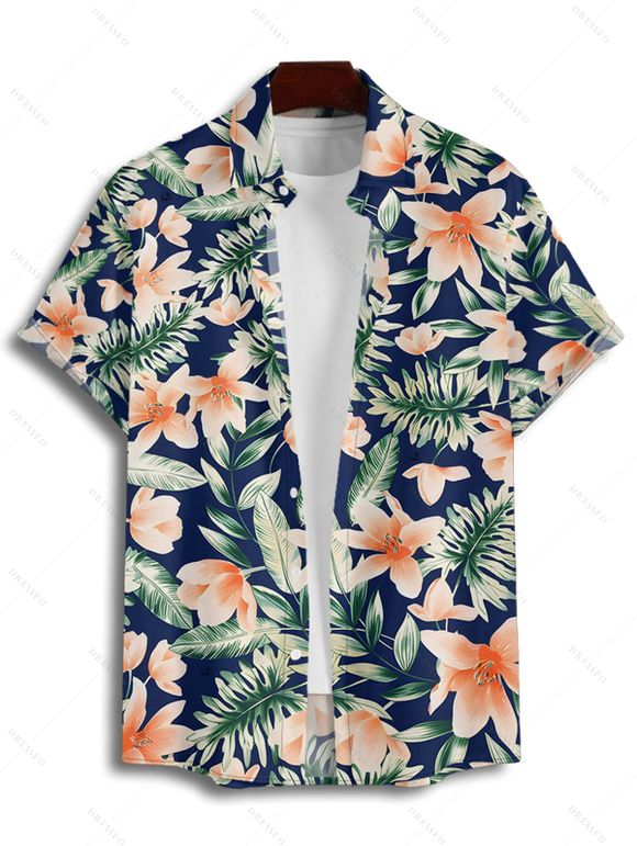 Vacation Couple Outfit Tropical Floral Leaf Pattern Mock Button Empire Waist Ruched Bust Belt Dress and Roll Up Sleeve Shirt Beach Matching Outfit - Bleu profond S | US 4