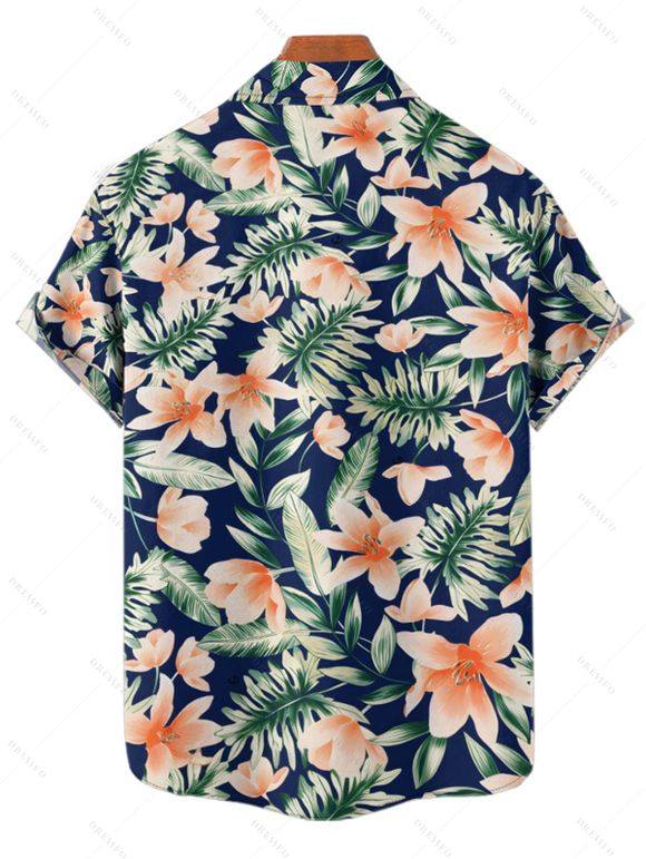 Vacation Couple Outfit Tropical Floral Leaf Pattern Mock Button Empire Waist Ruched Bust Belt Dress and Roll Up Sleeve Shirt Beach Matching Outfit - Bleu profond S | US 4