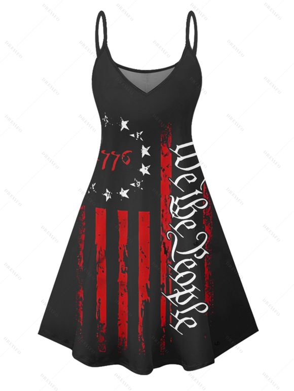 Independence Day Couple Outfit American Flag Letter Pattern Spaghetti Strap A Line Tank Dress and Roll Up Sleeve Shirt Patriotic Matching Outfit - Noir S | US 4
