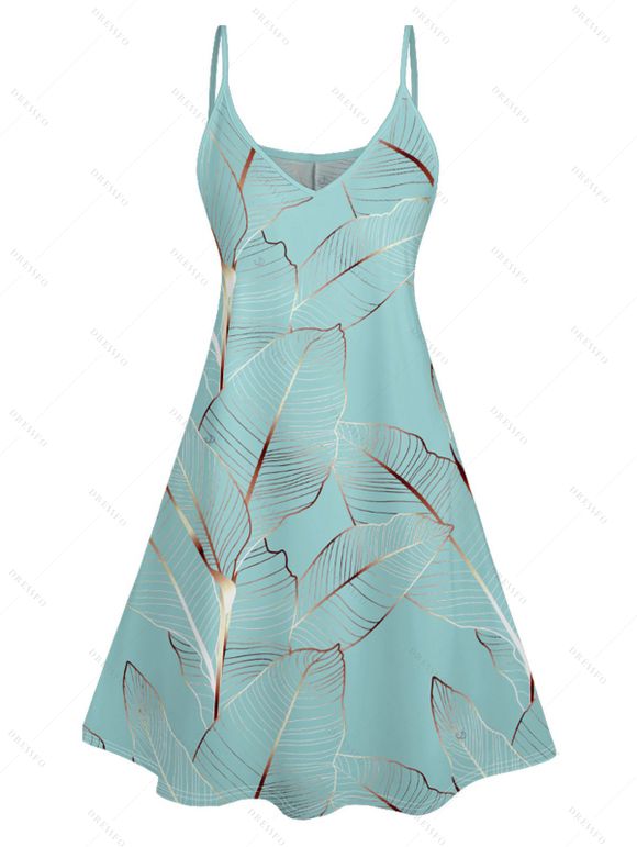 Vacation Couple Outfit Tropical Leaf Pattern Spaghetti Strap A Line Tank Dress and Roll Up Sleeve Shirt Drawstrings Shorts Beach Matching Outfit - Vert clair S | US 4