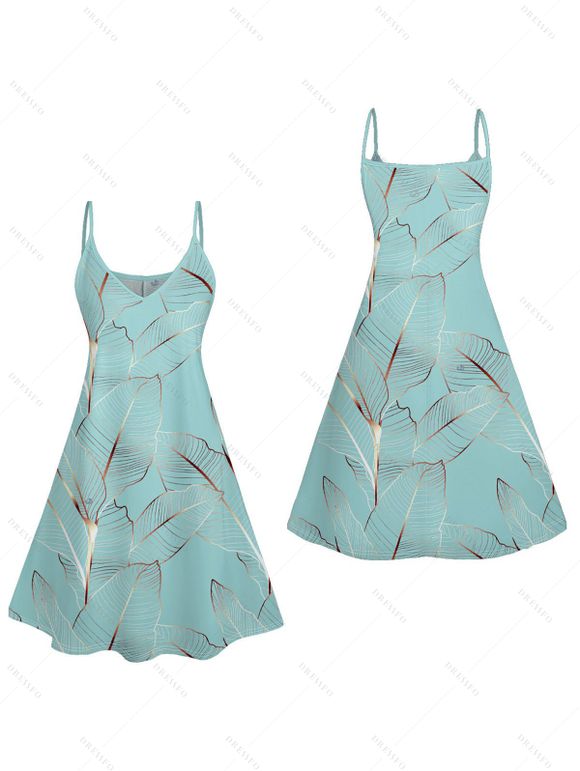Vacation Couple Outfit Tropical Leaf Pattern Spaghetti Strap A Line Tank Dress and Roll Up Sleeve Shirt Drawstrings Shorts Beach Matching Outfit - Vert clair S | US 4