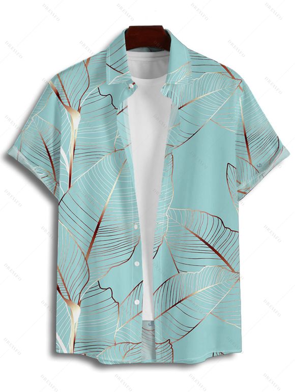 Vacation Couple Outfit Tropical Leaf Pattern Spaghetti Strap A Line Tank Dress and Roll Up Sleeve Shirt Drawstrings Shorts Beach Matching Outfit - Vert clair S | US 4