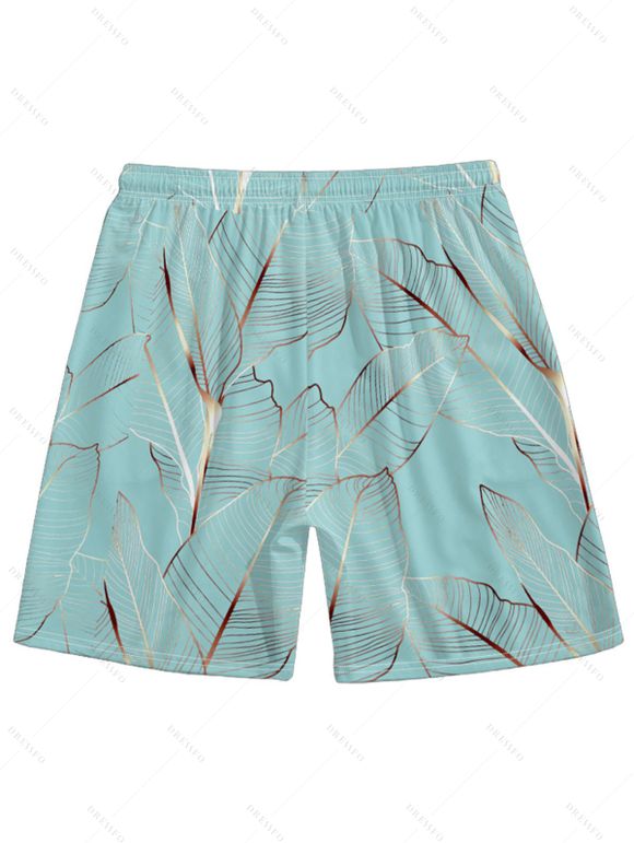 Vacation Couple Outfit Tropical Leaf Pattern Spaghetti Strap A Line Tank Dress and Roll Up Sleeve Shirt Drawstrings Shorts Beach Matching Outfit - Vert clair S | US 4