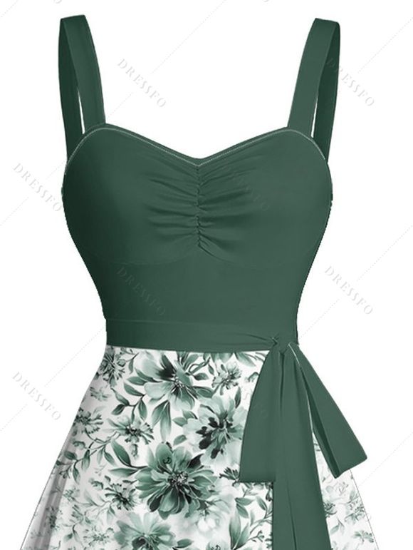 Mini Robe Ligne A Ceinturée Fleur Imprimée sans Manches à Volants - Vert clair XL | US 12