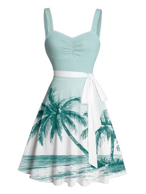 Mini Robe de Plage Hawaiien Palmier Imprimé Ceinturée