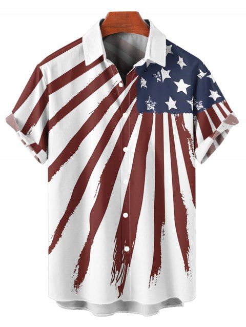 Chemise Boutonnée Drapeau Américain Imprimé à Manches Roulées