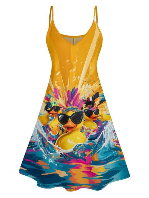 Duck with Sunglasses Wave Pattern Hawaii Dress Spaghetti Strap A Line Mini Vacation Dress