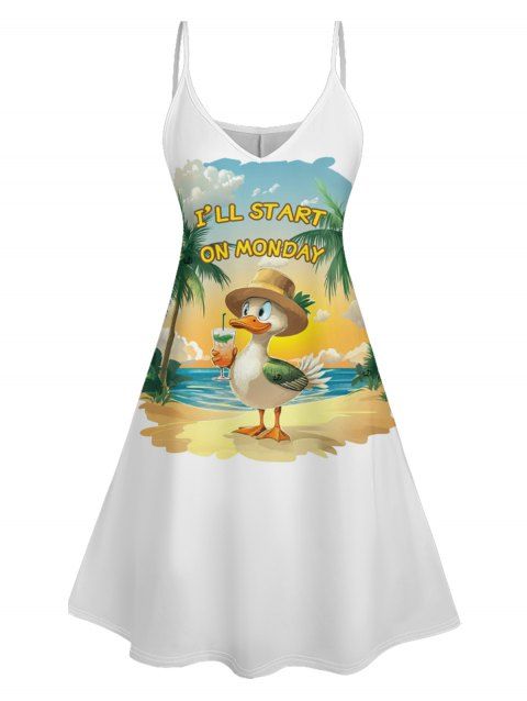 Mini Robe de Plage Paysage de Canard Ligne A à Bretelle Fine