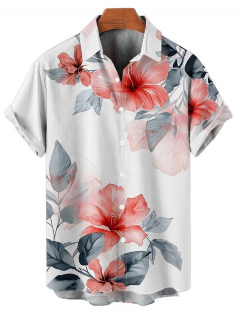 Chemise de Vacances Hawaii D'Encre Motif de Feuille Fleurie Boutonnée à Manches Roulées
