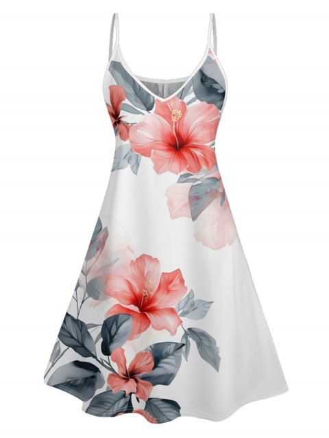 Mini Robe de Vacances Ligne A Motif de Feuille et D'Encre Fleurie à Bretelle Fine