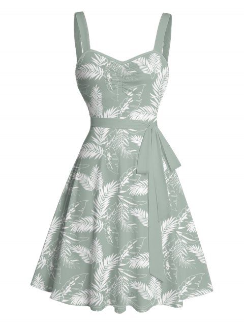 Mini Robe de Vacances Ligne A Motif de Feuille Tropicale Partout