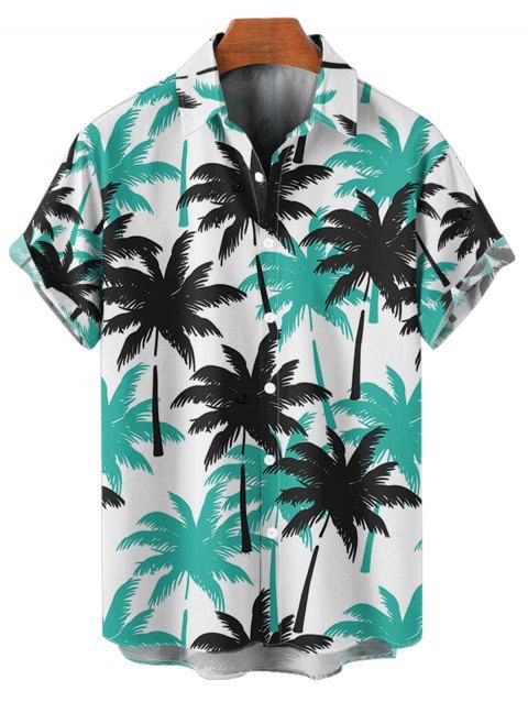 Chemise de Plage Boutonnée Motif de Cocotier en Blocs de Couleurs à Manches Roulées pour Homme