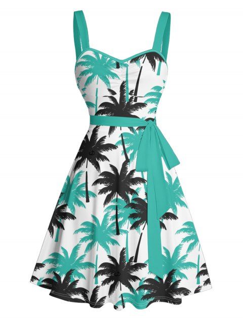 Robe de Plage Ligne A Cocotier Tropical Imprimé sans Manches