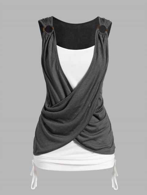 Crossover Colorblock O Ring Cinched Vacation Faux Twinset Tank Top Ruched Casual 2 in 1 Top