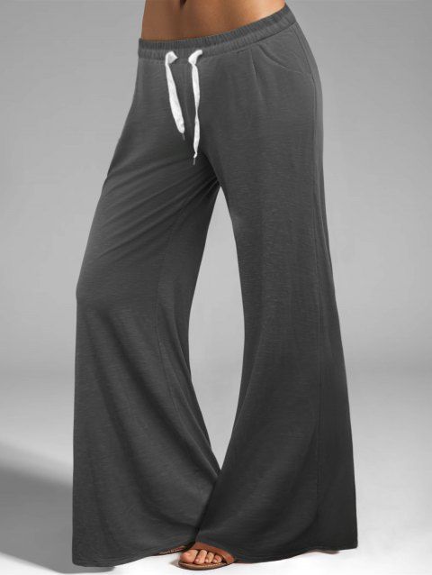 Solid Color Drawstrings High Waisted Casual Wide Leg Pants Plain Color Long Pants