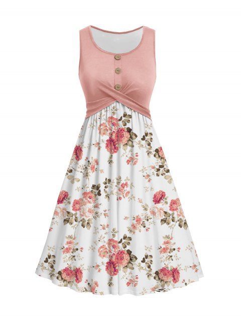 Robe Fleurie Imprimée Croisée sans Manches avec Bouton à Col Rond Fausse Deux Pièces