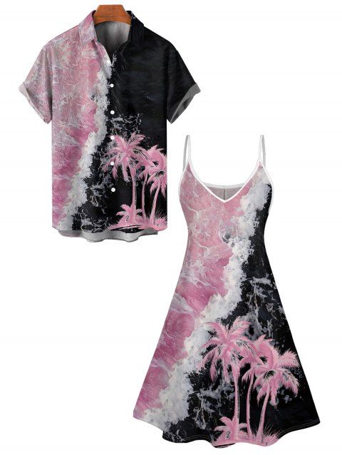 Vacation Couple Outfit Contrast Color Printed Coconut Tree Pattern Spaghetti Strap A Line Mini Dress and Roll Up Sleeve Shirt Matching Outfit