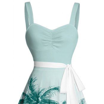Hawaii Vacation Beach Palm Tree Print Belted Dress Ruched Bust Sweetheart Neck Mini Dressn