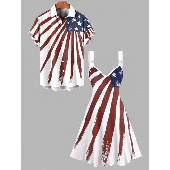Independence Day Couple Outfit Star Striped Pattern O Ring V Neck A Line Mini Dress and Roll Up Sleeve Shirt Patriotic Matching Outfit