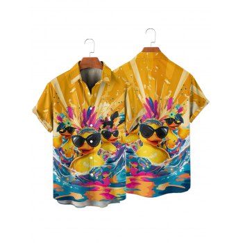 Men's Duck with Sunglasses Wave Printed Hawaii Shirt Button Up Roll Up Sleeve Vacation Shirt