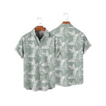 Hawaii Couple Outfit Allover Tropical Leaf Pattern Ruched Bust Belt Sweetheart Neck A Line Mini Dress and Roll Up Sleeve Shirt Vacation Matching Outfit