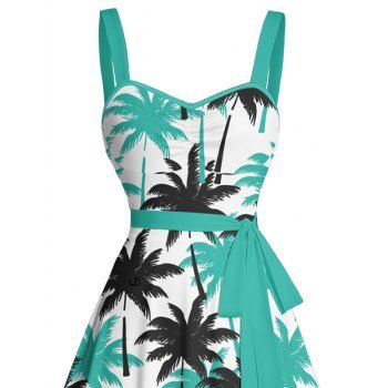 Tropical Coconut Tree Print Vacation Dress Ruched Bust Sleeveless Belt A Line Beach Dress