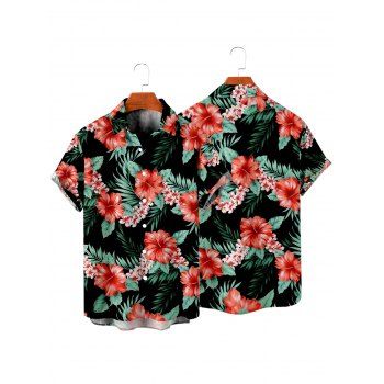 Vacation Couple Tropical Floral Pattern Spaghetti Strap A Line Mini Tank Dress and Roll Up Sleeve Shirt Matching Outfit