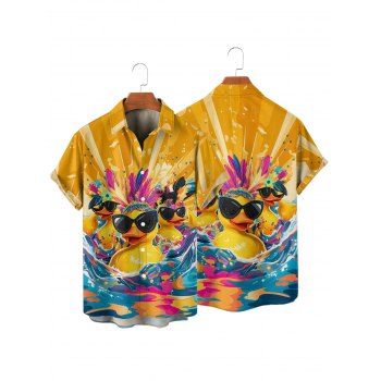 Hawaii Couple Outfit Duck with Sunglasses Wave Pattern Spaghetti Strap A Line Mini Dress and Roll Up Sleeve Shirt Vacation Matching Outfit