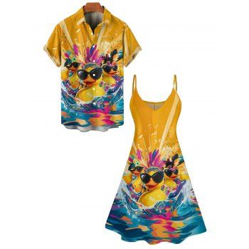 Hawaii Couple Outfit Duck with Sunglasses Wave Pattern Spaghetti Strap A Line Mini Dress and Roll Up Sleeve Shirt Vacation Matching Outfit