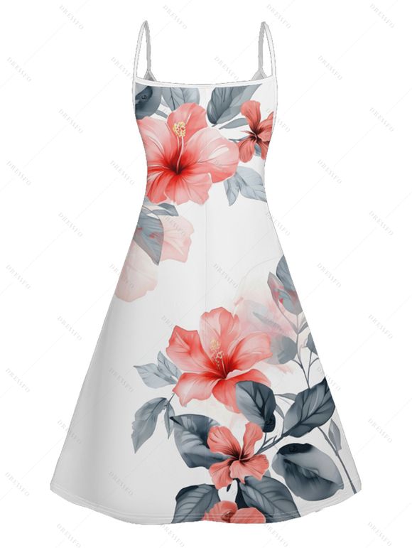 Mini Robe de Vacances Ligne A Motif de Feuille et D'Encre Fleurie à Bretelle Fine - Blanc XXXXL | US 18