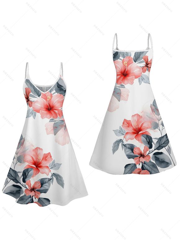 Mini Robe de Vacances Ligne A Motif de Feuille et D'Encre Fleurie à Bretelle Fine - Blanc XXXXL | US 18