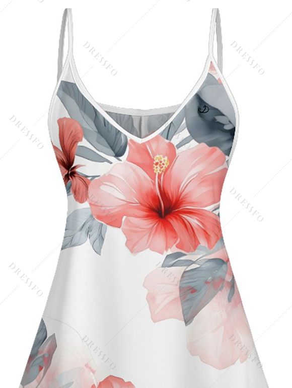 Mini Robe de Vacances Ligne A Motif de Feuille et D'Encre Fleurie à Bretelle Fine - Blanc XXXXL | US 18