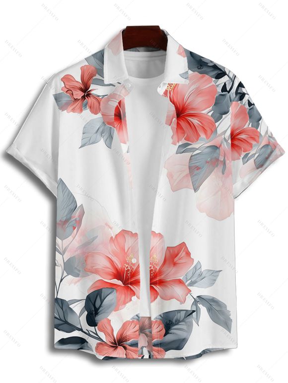 Chemise de Vacances Hawaii D'Encre Motif de Feuille Fleurie Boutonnée à Manches Roulées - Blanc 4XL