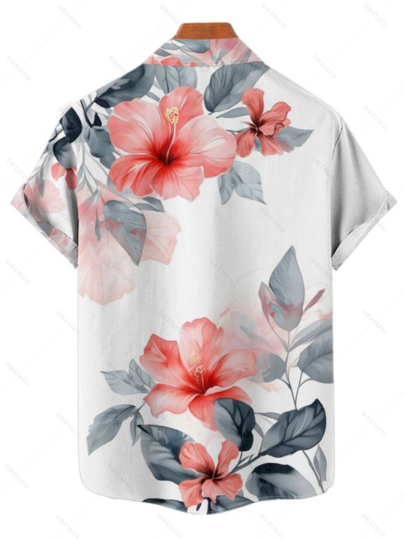 Chemise de Vacances Hawaii D'Encre Motif de Feuille Fleurie Boutonnée à Manches Roulées - Blanc 4XL